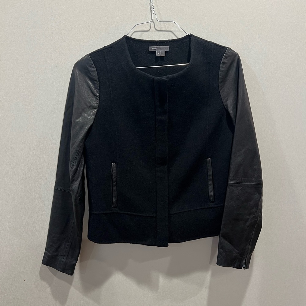 Vince Black Leather and Wool Jacket Modern Bomber Style medium